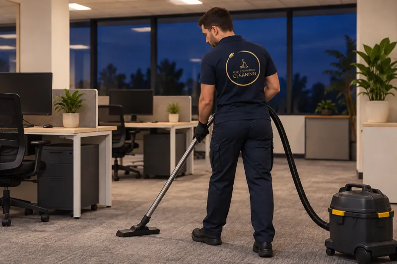 Illustration: cleaner in a Reset-branded uniform vacuuming an office at night