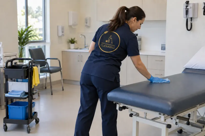 Illustration: cleaner wiping down a treatment bed